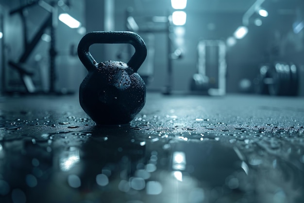 a black kettlebell on a wet floor