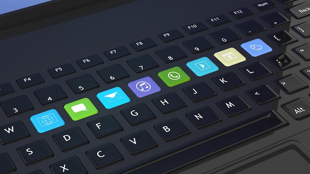 Photo black keyboard closeup with apps icons shortcuts