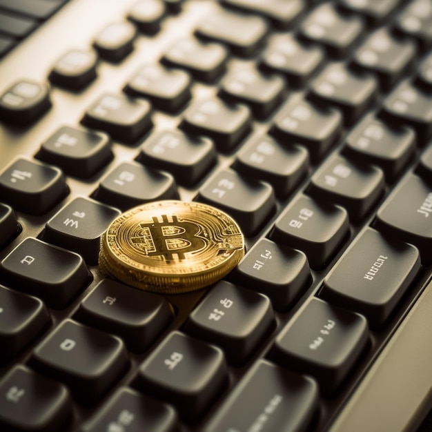 A black keyboard with a gold coin on top of it.