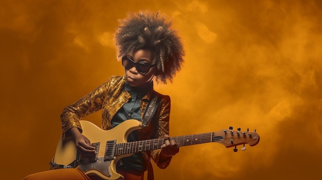 black kid playing guitar with yellow background