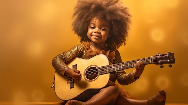 black kid playing guitar with yellow background