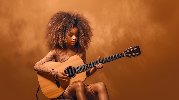 black kid playing guitar with yellow background