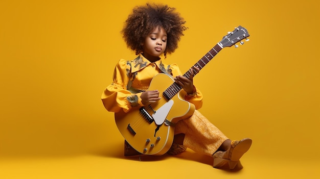 black kid playing guitar with yellow background