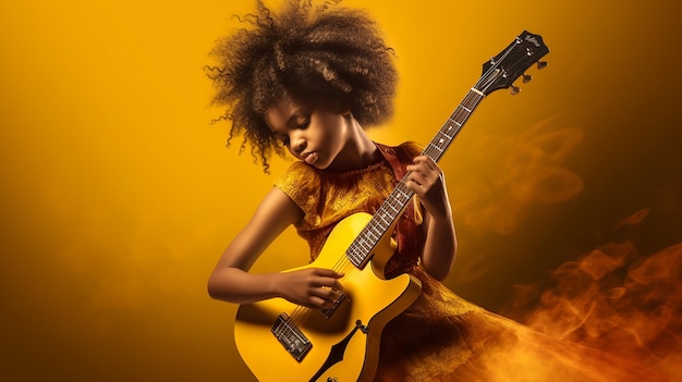 black kid playing guitar with yellow background