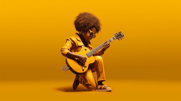 black kid playing guitar with yellow background