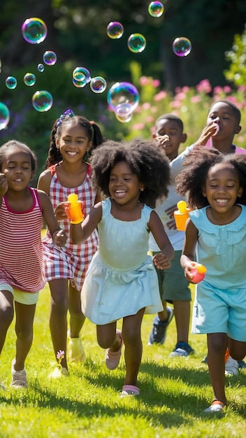 Photo black kids children and blowing bubbles at park having fun and bonding girls happy sisters and play