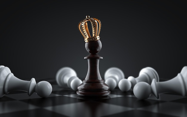 Black King chess piece surrounded by fallen white pawn chess pieces Pawn to become king 3d render