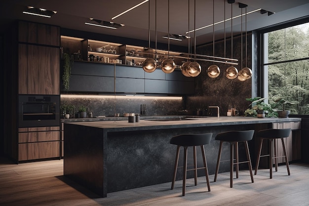 A black kitchen with a bar and a pendant light