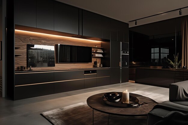 A black kitchen with a black cabinet and a black coffee table with a white candle on it.