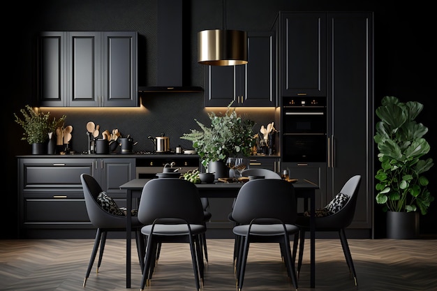 A black kitchen with black cabinets and a black table with chairs and a black table with a black table and chairs.