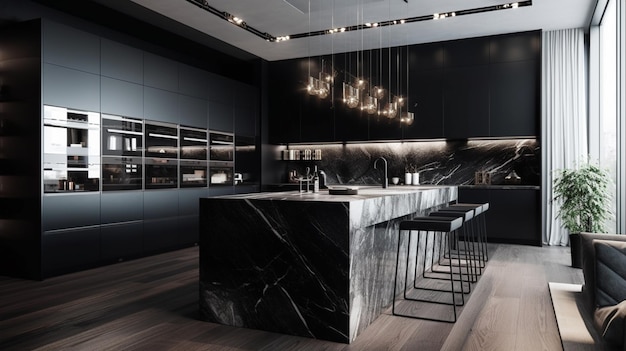 A black kitchen with a black kitchen island and a black countertop with a bar stools and a large pendant light.