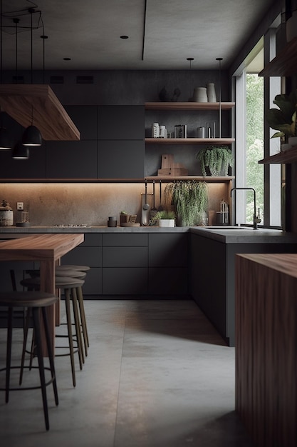 A black kitchen with a large window that has a large window that says'kitchen'on it