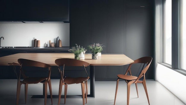 A black kitchen with a table and chairs and a wall with a black cabinet that says'the best'on it.