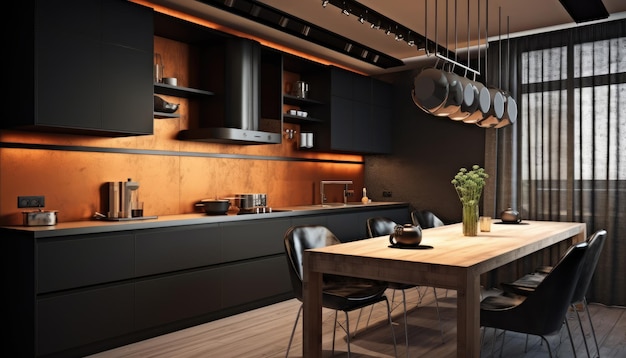 A black kitchen with a wooden table and chairs and a black ceiling with a hanging light.