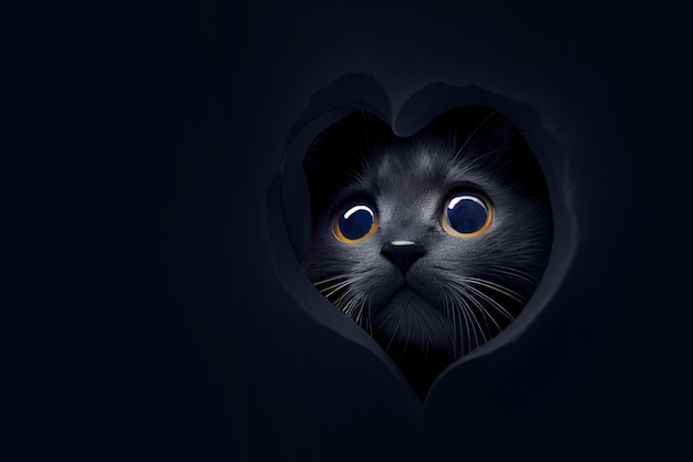 Black kitten looks through a hole in the shape of a heart Generative Ai