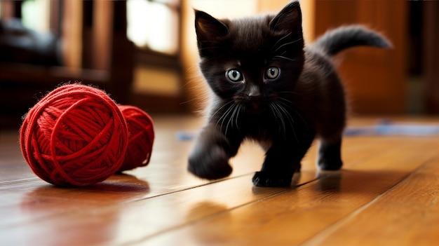 Black kitten playfully chasing a red ball of yarn on a hardwood floor