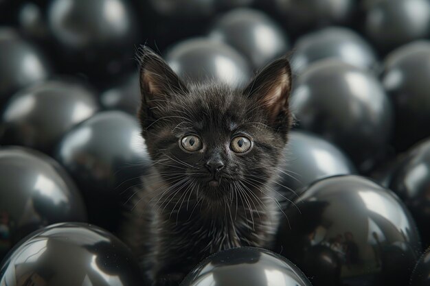 Photo black kitten in a sea of balloons