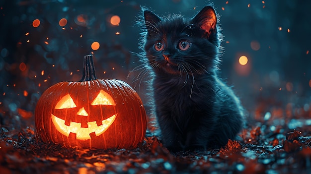 Black kitten sits beside a glowing jackolantern in a dark forest