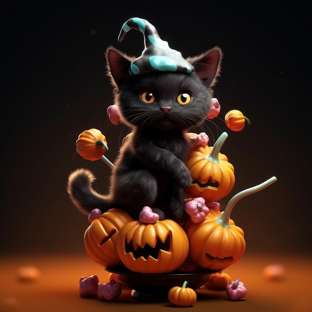 Black kitten with orange eyes sits on pumpkins 3D