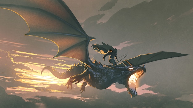 the black knight riding the dragon flying in the sunset sky, digital art style, illustration painting