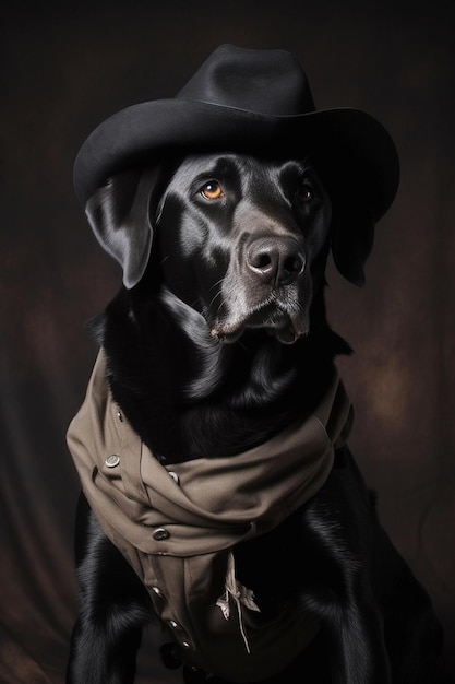 Black labrador in cowboy hat and scarf Generative AI