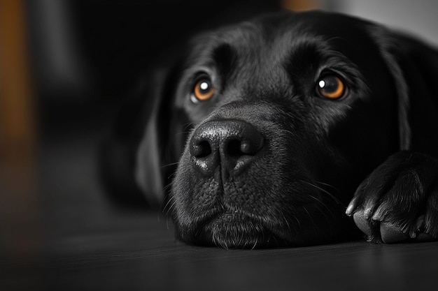 Photo black labrador dog lying on the floor looking