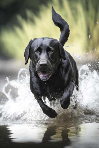 Black labrador dog running in water over grass created using generative ai technology