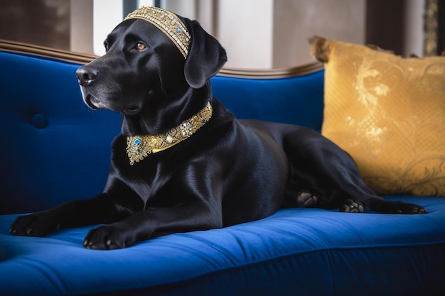 Black labrador in golden scarf Generative AI