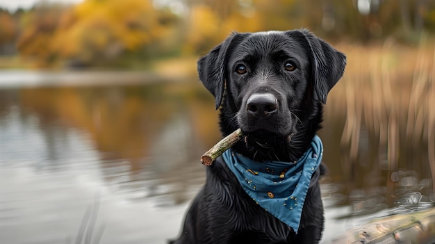 Black Labrador Retriever by a Peaceful Lake with a Stick and Blue Bandana