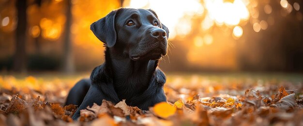 Black Labrador Retriever Dog in Autumn Leaves