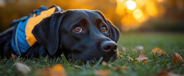 Black Labrador Retriever Dog Lying in Grass with Golden Light