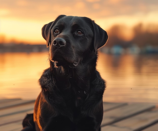 Black Labrador retriever enjoying a sunset by the lake