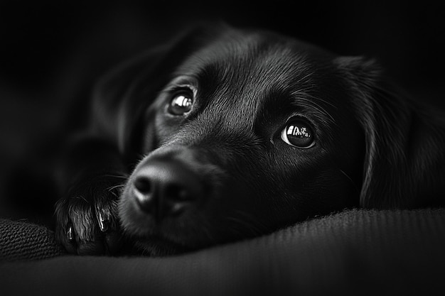 Photo a black labrador retriever lies on a beige natur