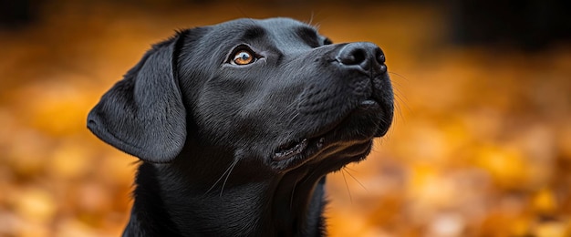 Black Labrador Retriever Looking Up in Autumn Leaves