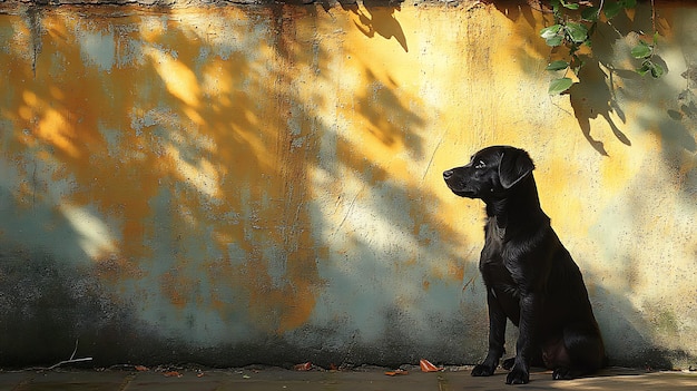 A black labrador retriever sits in front of a yellow wall looking to the right