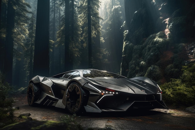 A black lamborghini is in a forest with trees in the background.