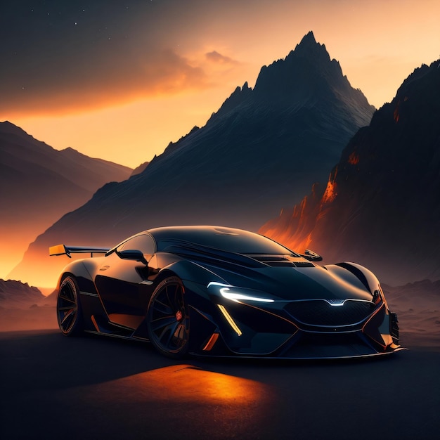 A black lamborghini is shown in front of a mountain.