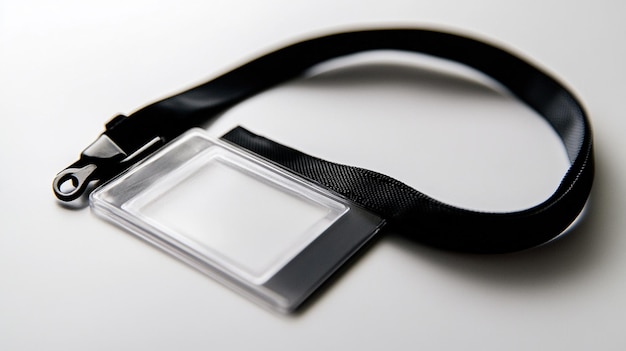 Photo black lanyard with clear plastic id badge on white