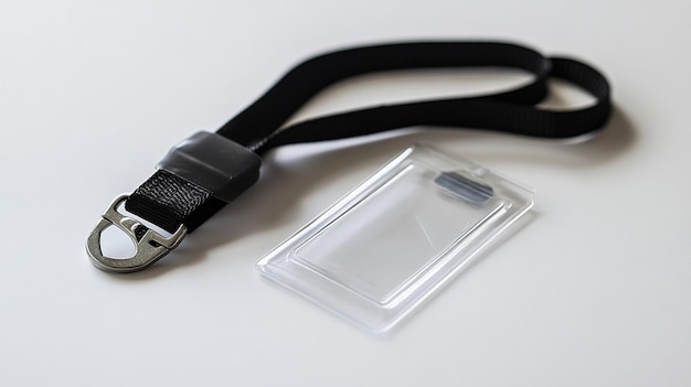 Black lanyard with clear plastic ID badge on white