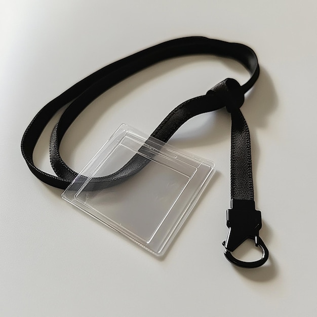 Photo black lanyard with clear plastic id badge on white