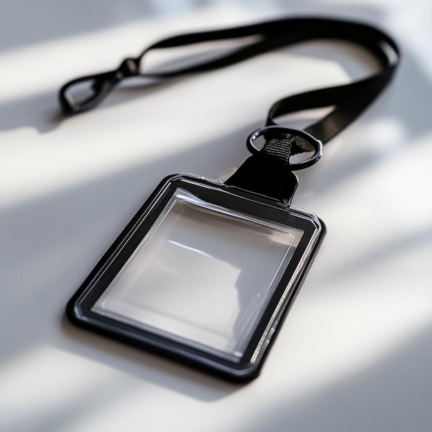 Black lanyard with clear plastic ID badge on white