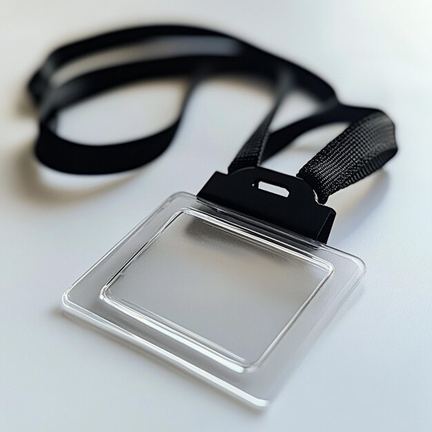 Black lanyard with clear plastic ID badge on white