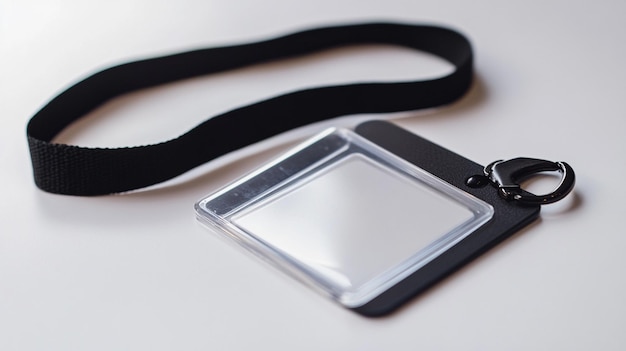 Black lanyard with clear plastic ID badge on white