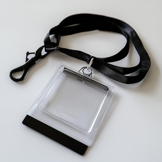 Photo black lanyard with clear plastic id badge on white