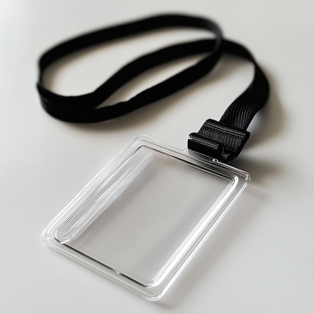 Black lanyard with clear plastic ID badge on white