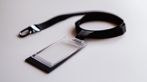 Black lanyard with clear plastic ID badge on white