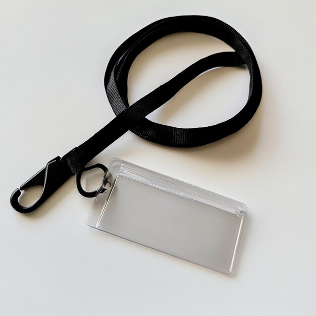 Black lanyard with clear plastic ID badge on white