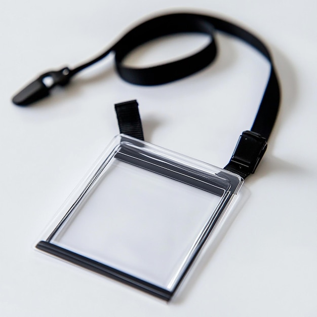 Photo black lanyard with clear plastic id badge on white