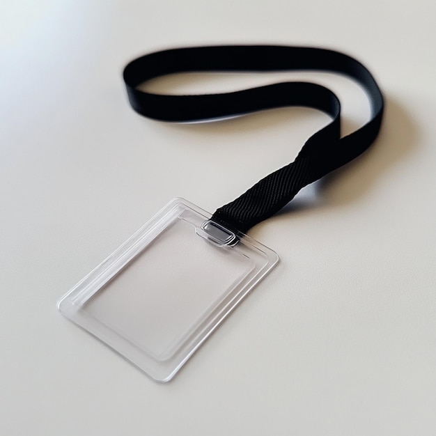 Black lanyard with clear plastic ID badge on white