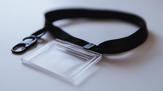 Photo black lanyard with clear plastic id badge on white